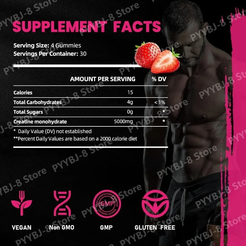 120 Count Creatine Monohydrate Gummies 5000mg Strawberry Flavor Support Muscle Growth and Post Exercise Recovery 0g Sugar Vegan