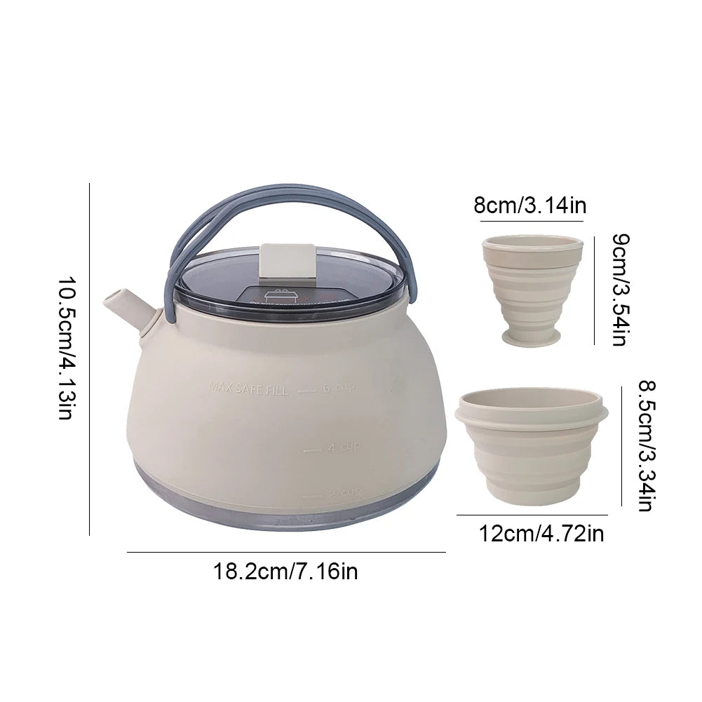 1.5L Silicone Kettle with Handle 1L Camping Cook Pot Stainless Steel Bottom Collapsible Water Cup/Bowl for Camping Backpacking