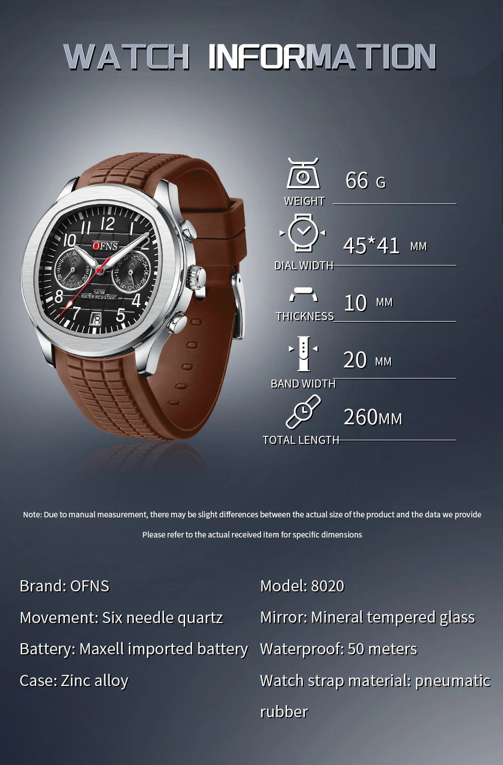 OFNS 8020 Fashion Men's Quartz Watch Double Hole Five Needle Waterproof Luminous Calendar Business Men's Quartz Watch