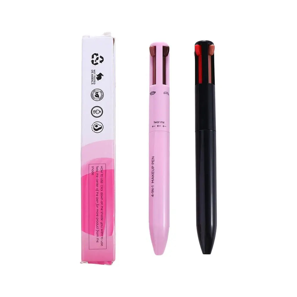 Dual 4-in-1 makeup pens and packaging, multi-color cosmetic tool, on white background