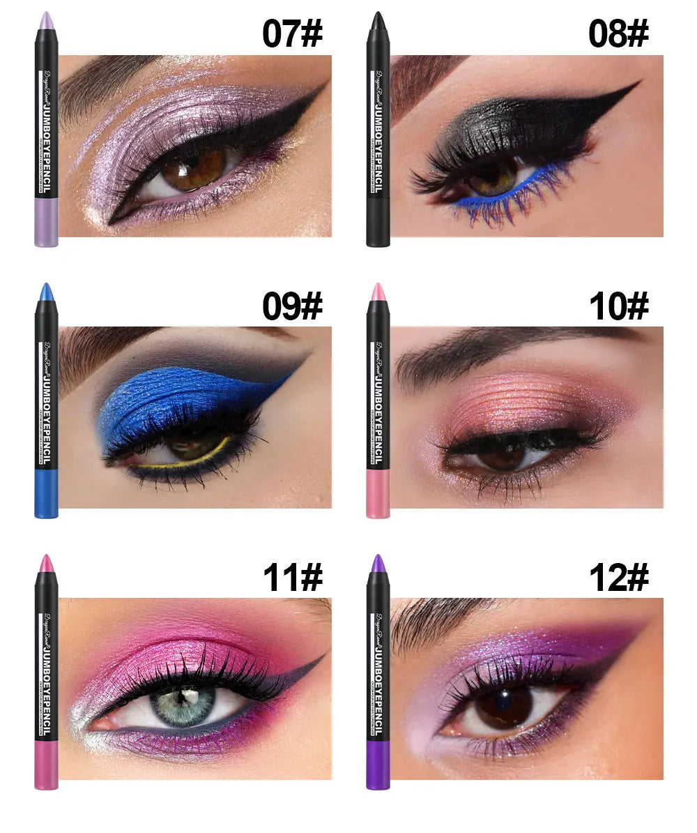Jumbo eye pencils swatched on eyelids in pink, purple, blue, and black makeup looks