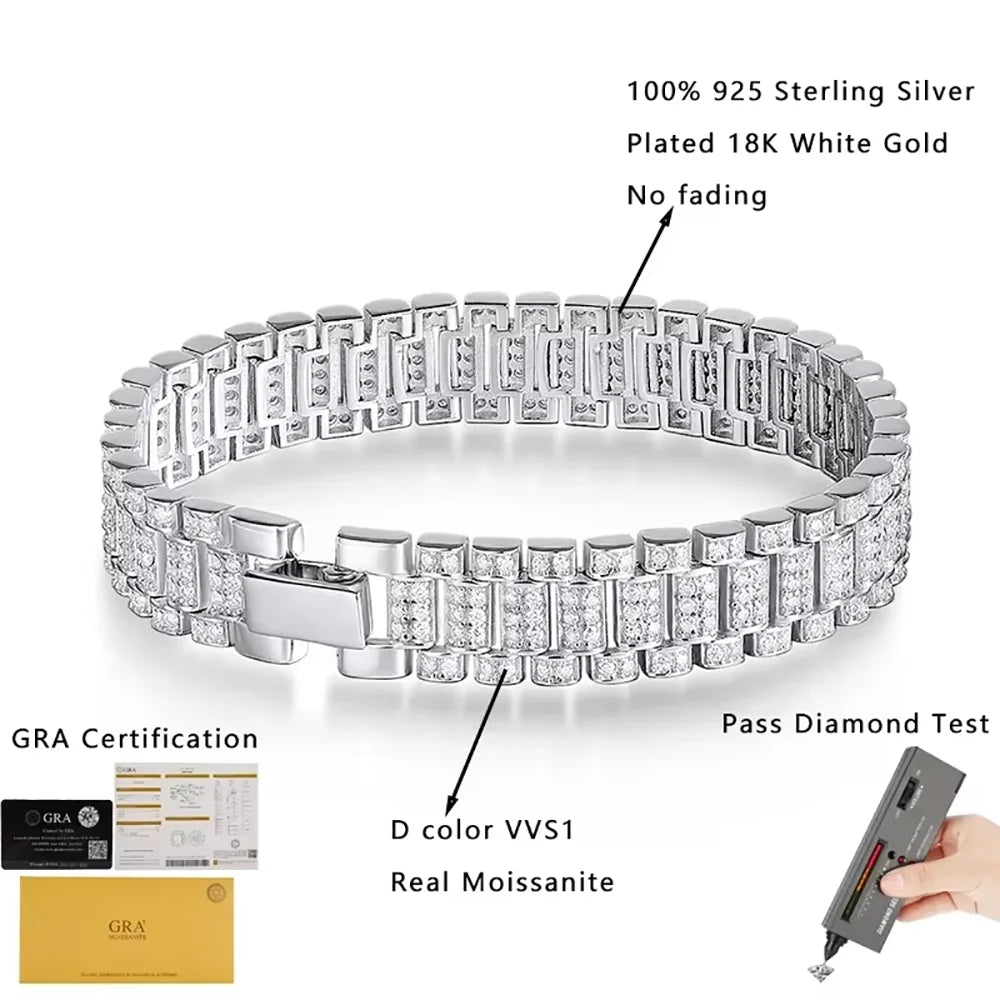 IGOTOS 1.2mm Moissanite Watch Chain Bracelet 925 Sterling Silver Certified Women Men Full Diamond Bangle Fine Jewelry