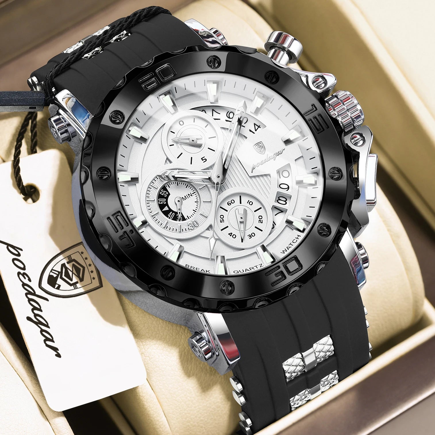 POEDAGAR Original Luxury Man Watch Chronograph Waterproof Luminous Sports Men Clock Calendar Silicone Strap Quartz Men's Watches