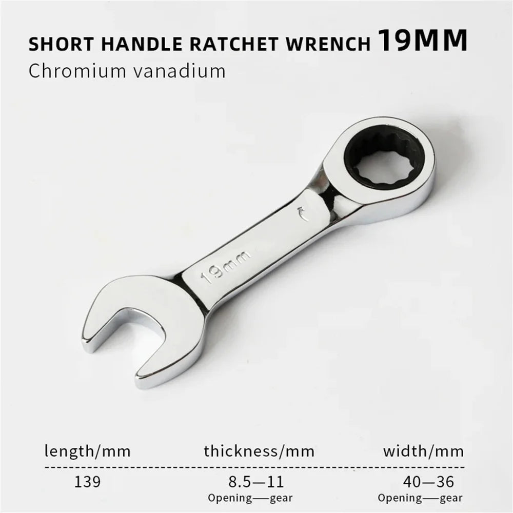6-19mm Stubby Ratchet Spanner Short Ratchet Wrench Car Repair Hand Tools 72 Tooth Design Short Handle Dual-purpose Wrench Tool