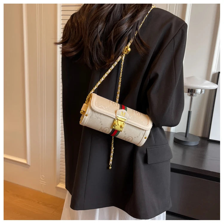 Fashionable Retro Summer Women's Chain Crossbody Bag Trendy Cylinder Bag Soft PU Leather Casual Style Small Size Korean Style