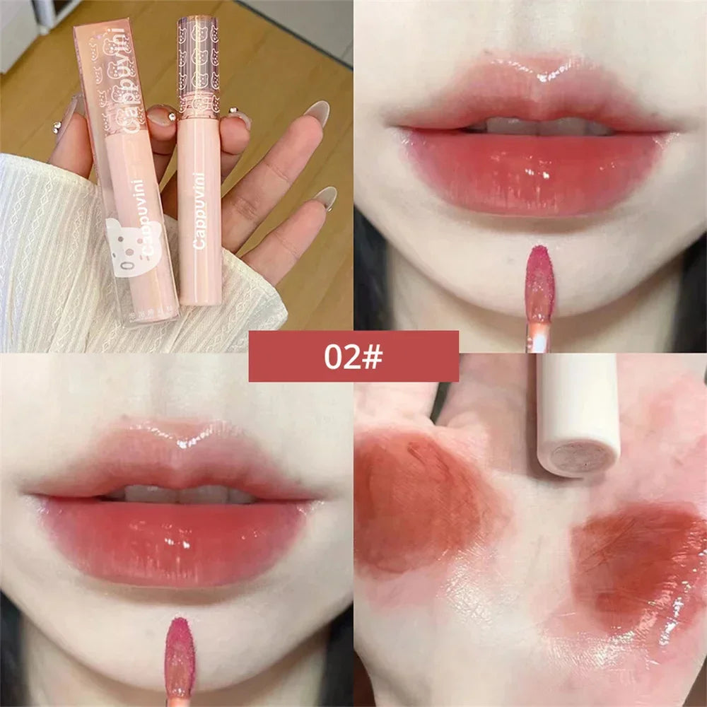 Glossy coral pink lip tint applied on lips, swatched on hand, with product tubes shown.