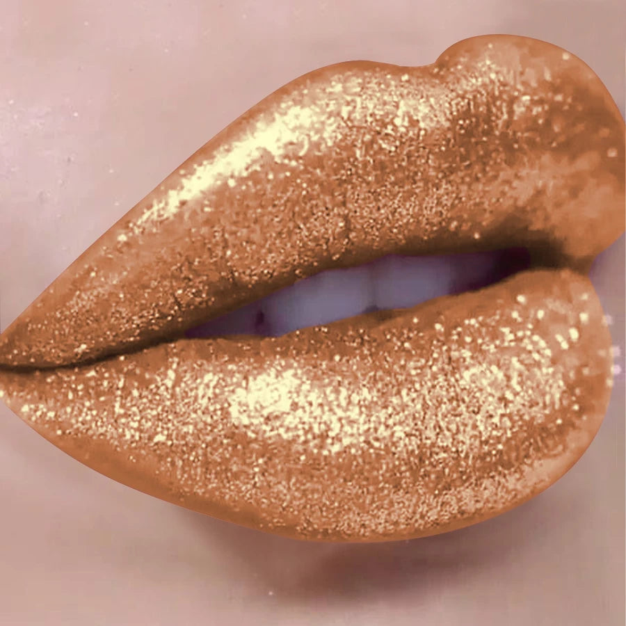 Close-up of lips with metallic gold glitter lipstick, trendy makeup look