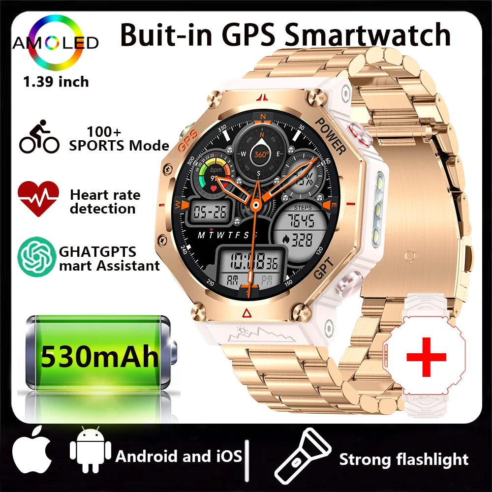 New ChatGPT AI assistant smartwatch with 5ATM water resistance, GPS, built-in dual-frequency GNSS and compass. For men and women