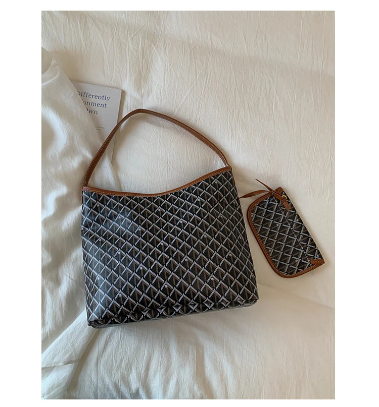 Large Capacity Women's Shoulder Bag Fashionable Commuter Tote Bag Soft PU Leather Printed Geometric Pattern Autumn New Arrival
