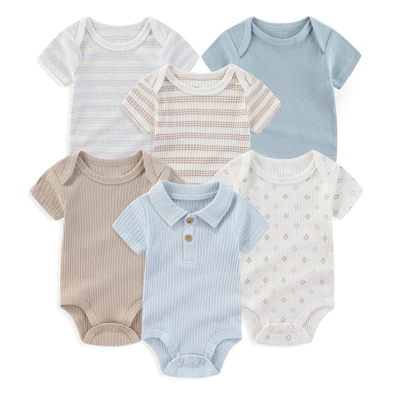 6-Piece Fashion Cute Baby Bodysuits Cotton Soft Newborn Boy Girl Short Sleeve Onesies Summer Sleeveless Infant Clothes