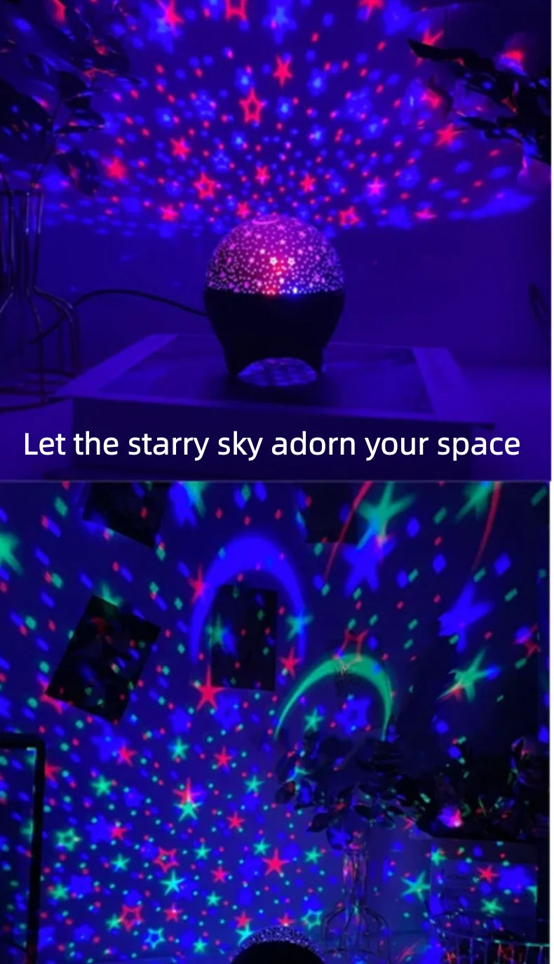 Star projector night light casting colorful stars and moon patterns on a dark room wall