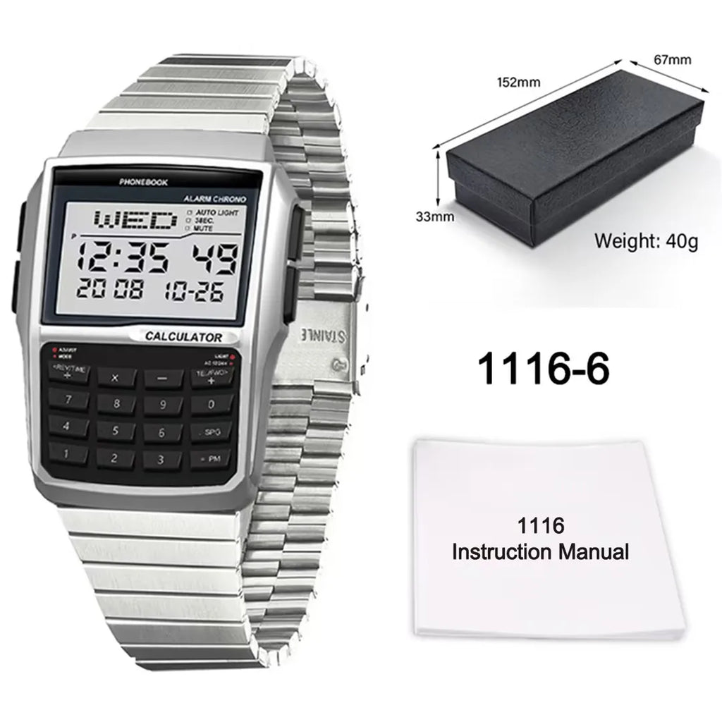 Top Luxury Stainless Steel Men's Watch Dual Time Zone Sports Calculator Watch Men's Digital Watch Timer Casual Phonebook Watch