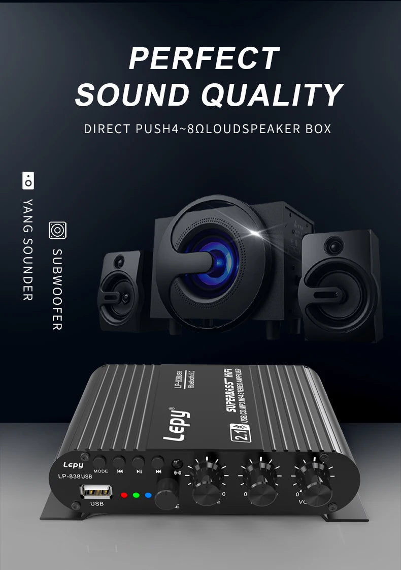 LP-838USB 2.1Channel Amplifier 12V Car Home Amp USB BT Lossless Music Play Digital Audio Amplificador with Remote Control HiFi
