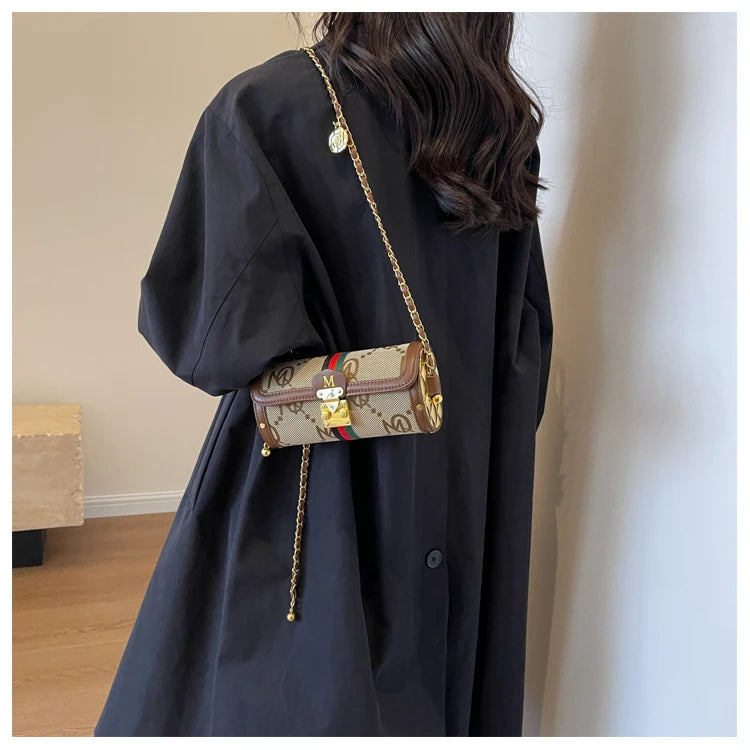 Fashionable Retro Summer Women's Chain Crossbody Bag Trendy Cylinder Bag Soft PU Leather Casual Style Small Size Korean Style