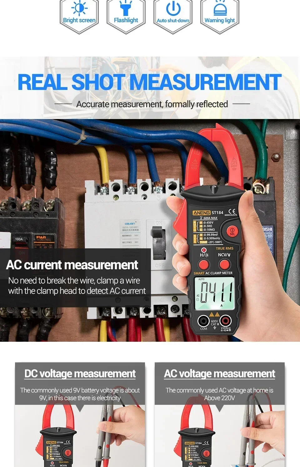 ANENG ST184 Digital Multimeter Clamp Meter True RMS Voltage Current Ohm Test+B15 Induction Tester Pen Electrician Detection Tool
