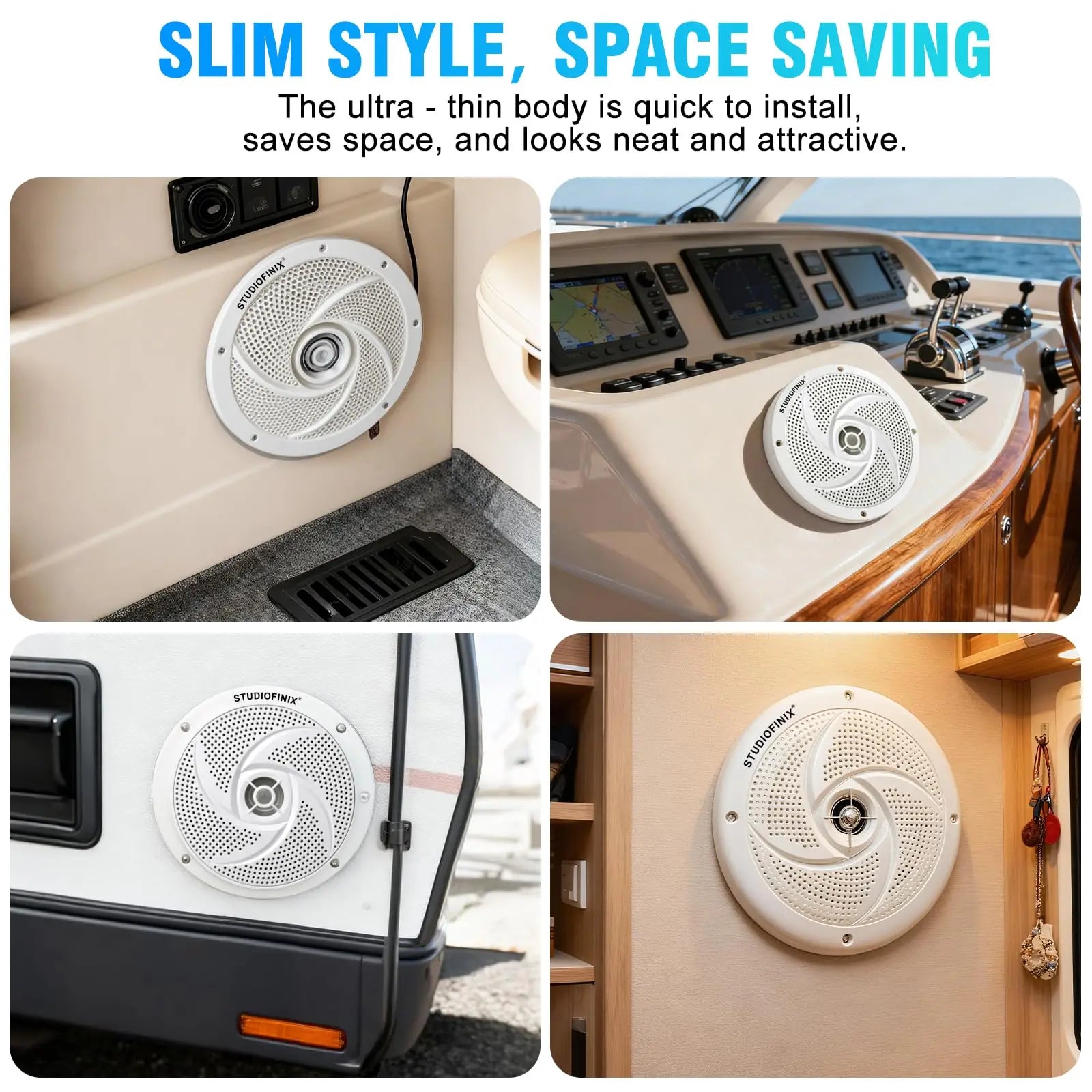 STUDIOFINIX 6.5'' 240W Waterproof Marine Speakers 2-Way with LEDs, Low-Profile for Boat, RV, ATV, UTV, Golf Cart (2Pk, White)