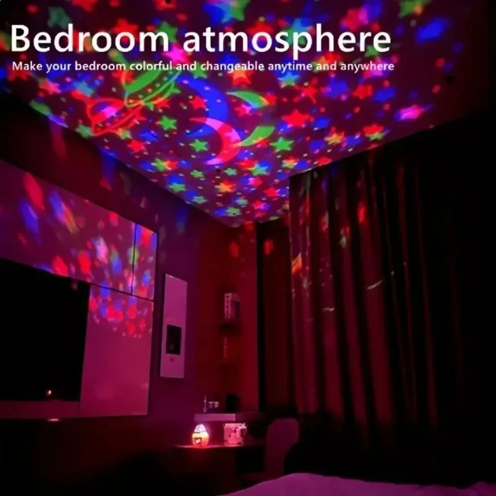 Colorful star and moon projector light creating vibrant bedroom atmosphere at night.