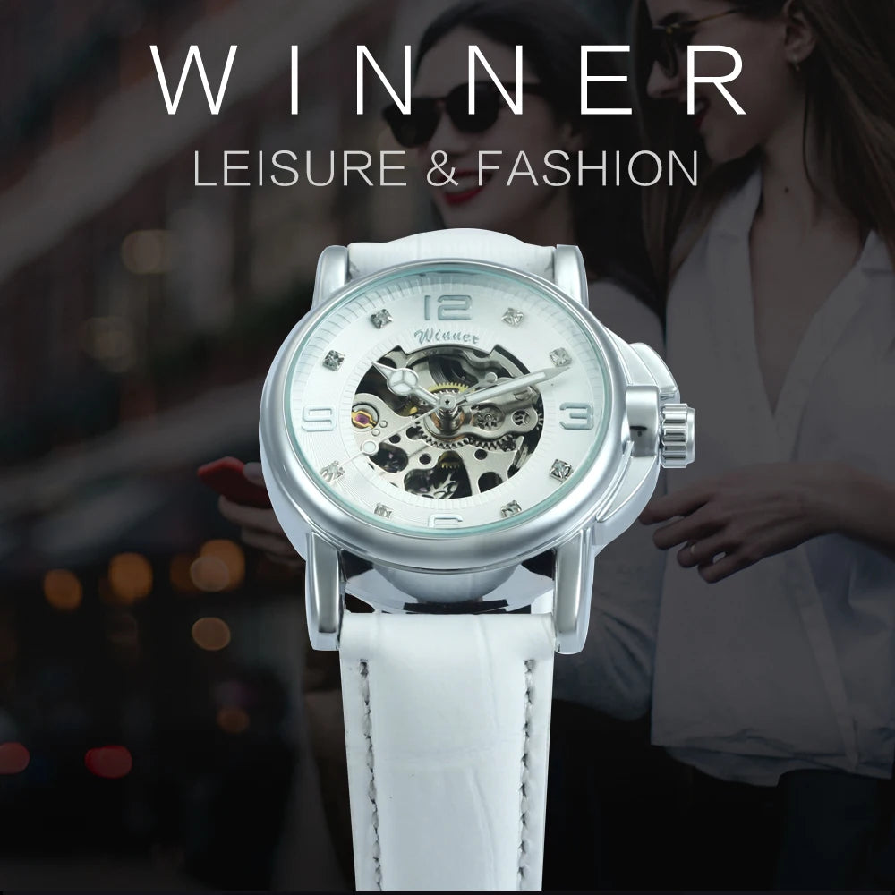 WINNER Fashion Skeleton Mechanical Watch for Women Luxury Rhinestones Dial Elegant Automatic Watches Leather Strap Luminous Hand