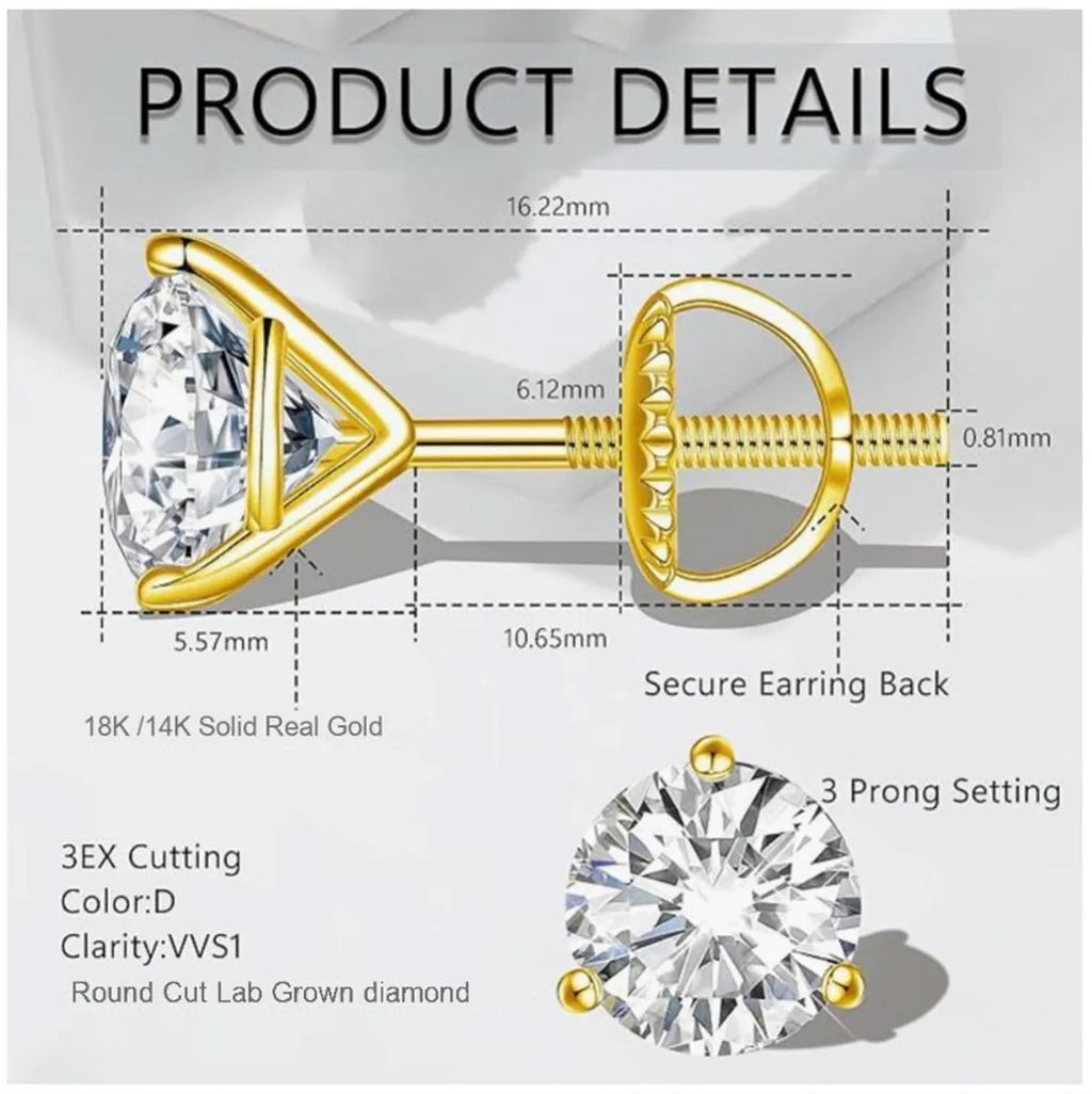 18K solid Real gold Lab grow diamond earrings Simple 3 claw 10K gold 1CT diamond earrings custom Valentine's Day gift for women