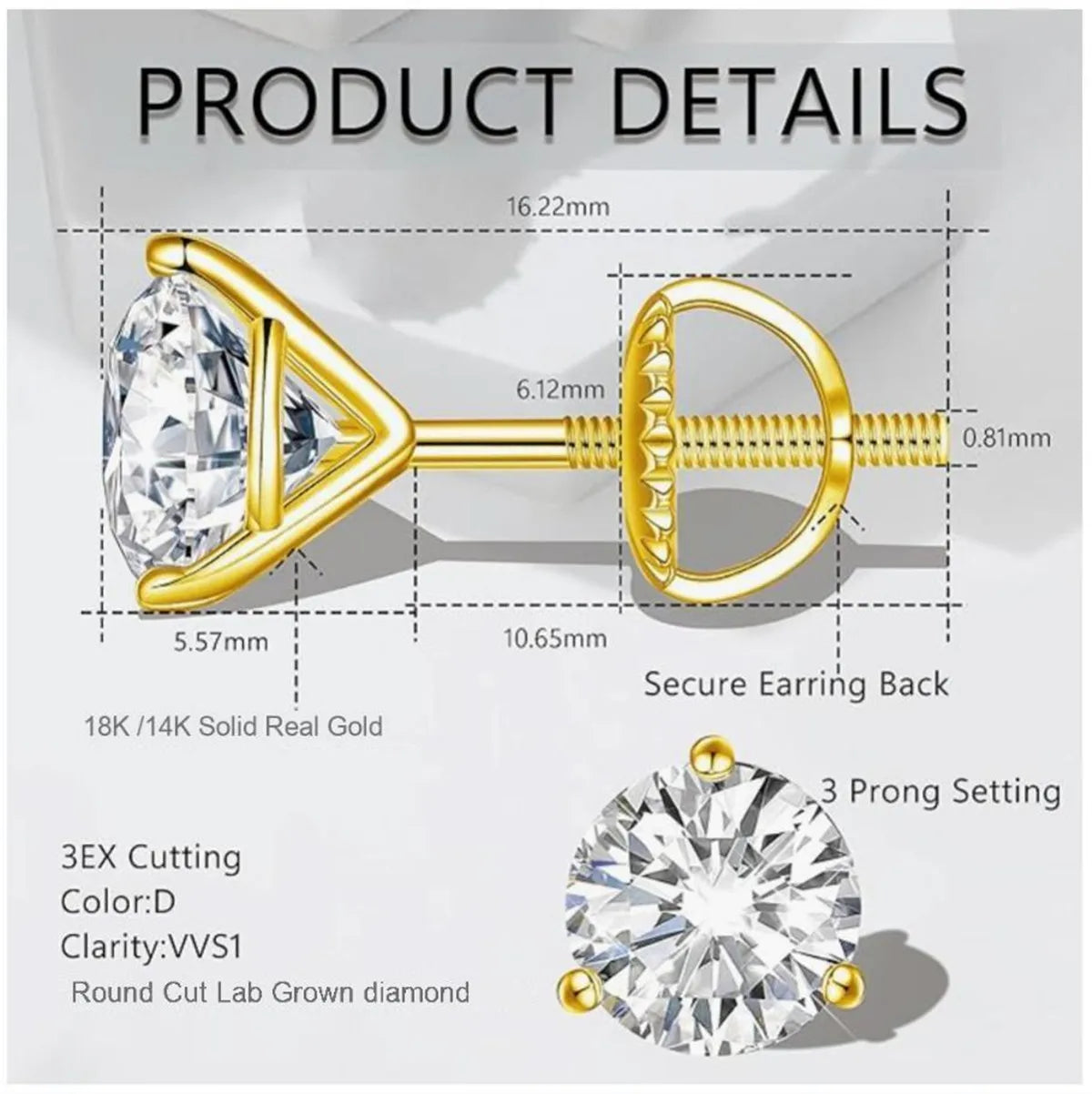 18K solid Real gold Lab grow diamond earrings Simple 3 claw 10K gold 1CT diamond earrings custom Valentine's Day gift for women