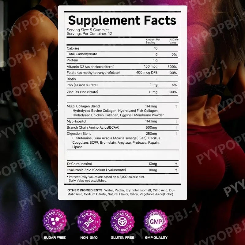 Creatine Monohydrate Gummies Daily Pre & Post Workout Recovery Support Contain Collagen,Biotin,Vitamin & Hyaluronic Acid 60count
