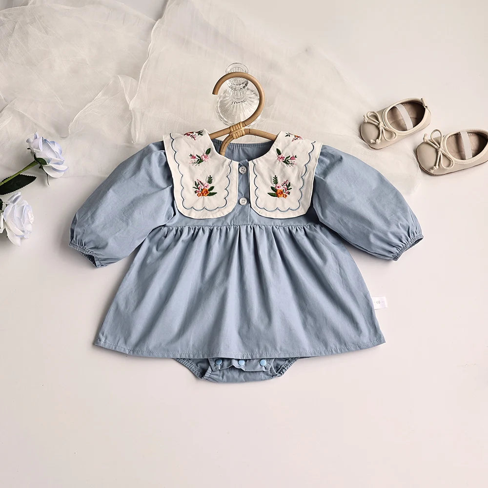 Spring Baby Clothing Solid Pleated Baby Bodysuit Toddler Girls Embroidered Flower Big Collar One Piece