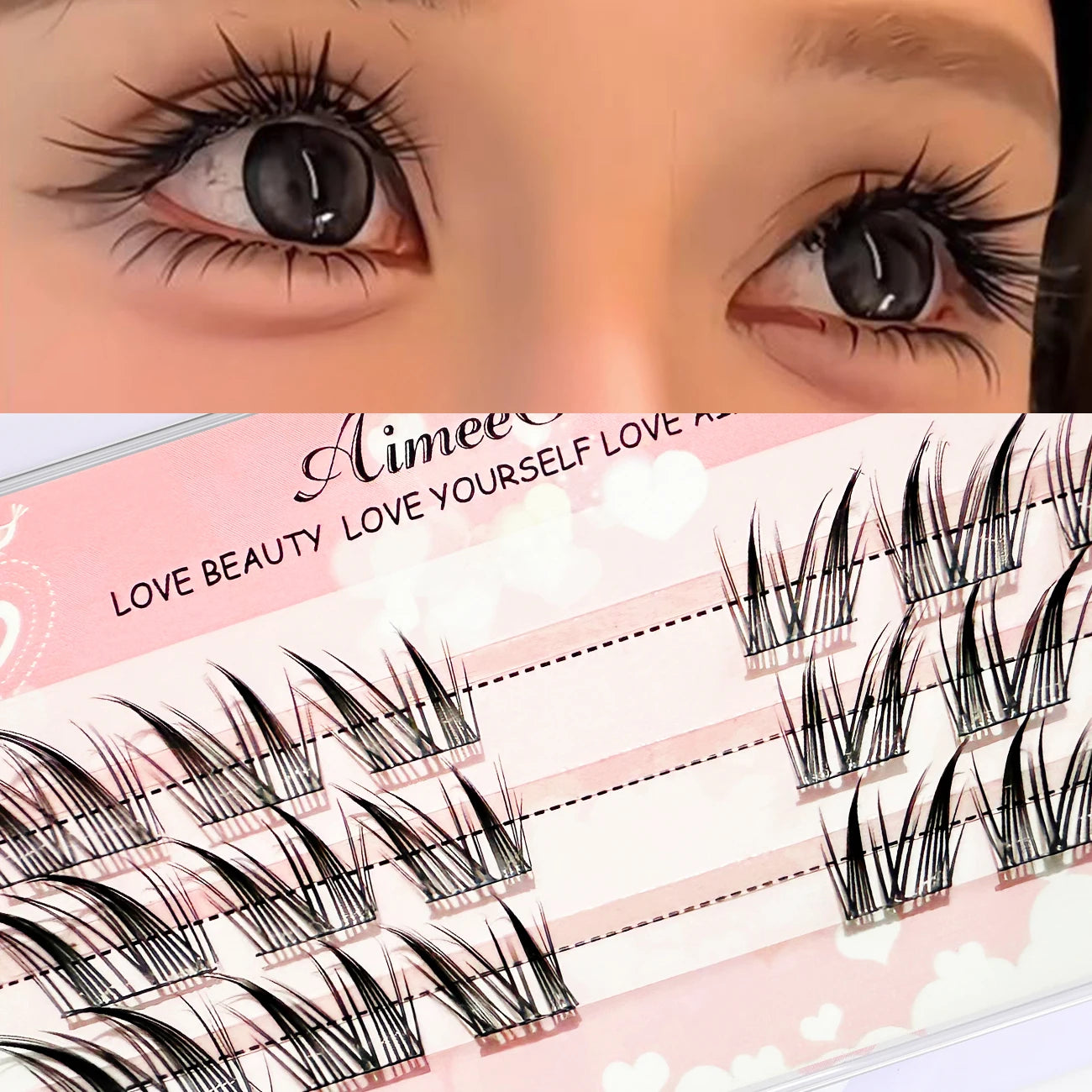 Dramatic false eyelashes on eyes and eyelash extensions set on a pink tray