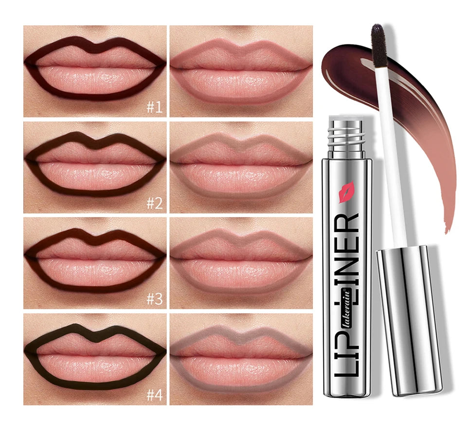 Lip liner application guide with four outlined lip styles and a nude liquid lip liner pen.