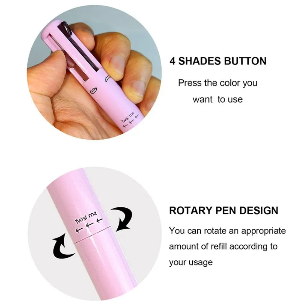 Pink multi-shade makeup pen with 4 color buttons and rotary twist design shown in hand