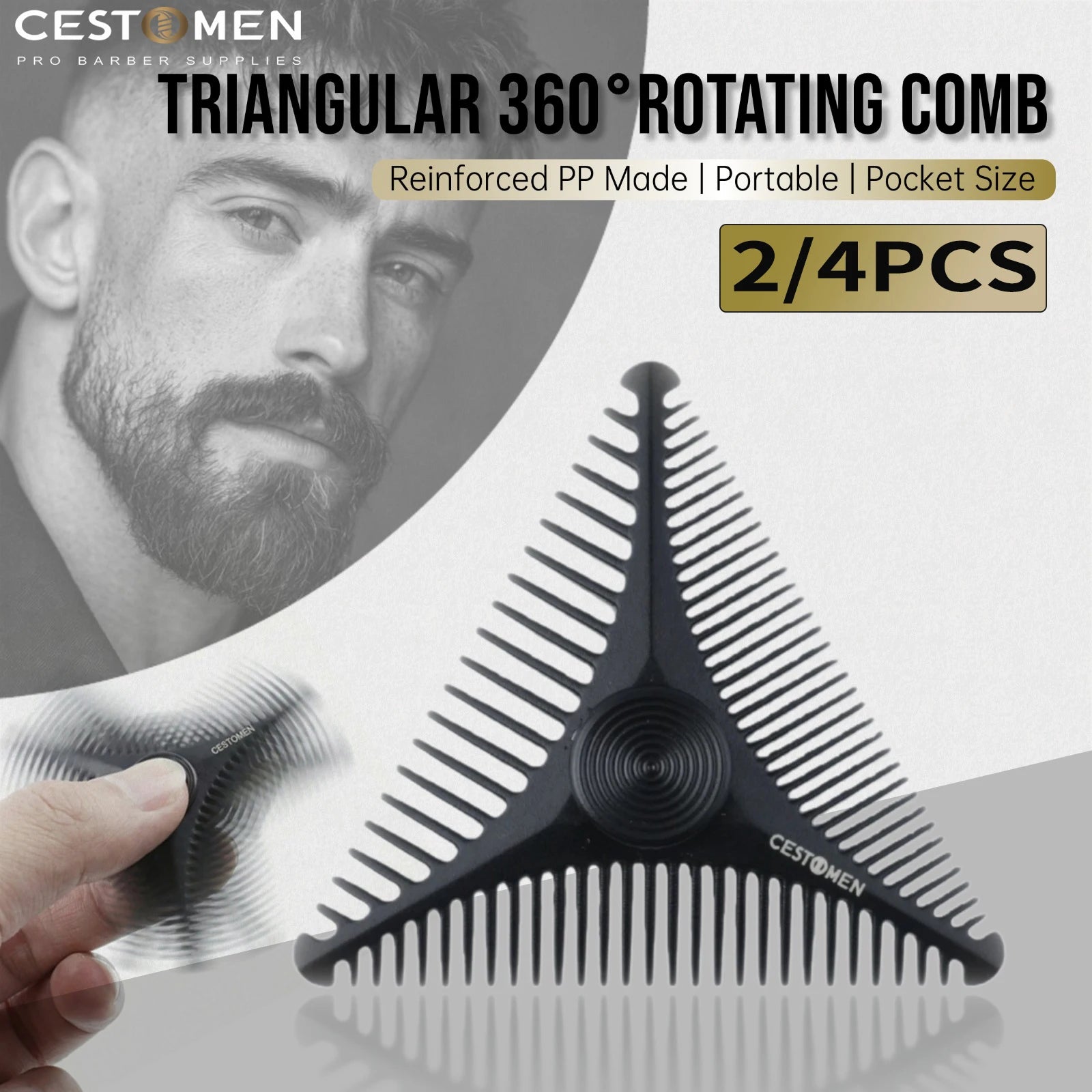 2/4Pc New Triangular Pocket Rotating Combs Fidget Bearing Portable Oil Head Comb For Men Mini Beard Combing Barber Styling Tools
