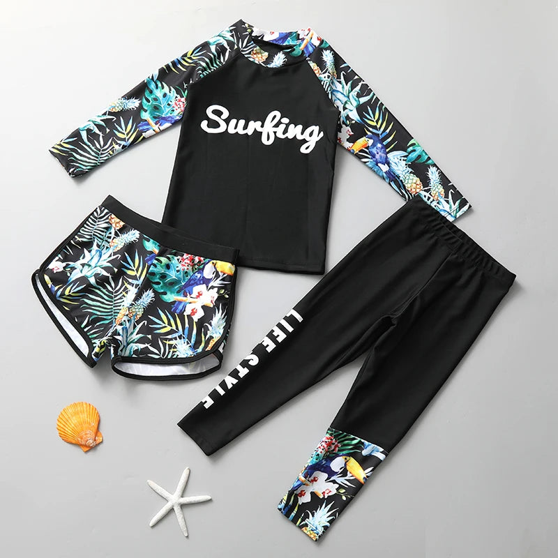 Girls Swimming Suit Children's Swimwear Three-Piece Set Quick Dry Sun Protection Large Size Polyester Fiber Student Girl