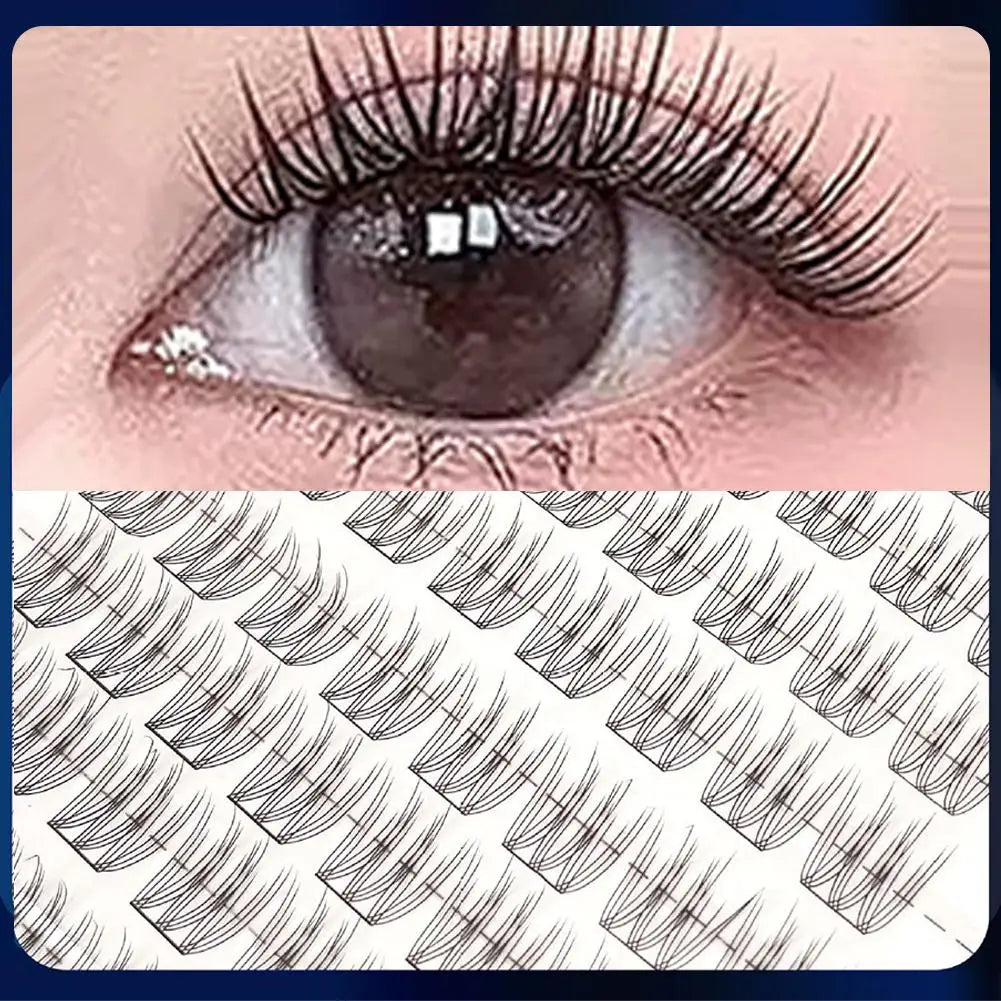 Close-up of eye with voluminous false eyelashes and a display of eyelash extensions.