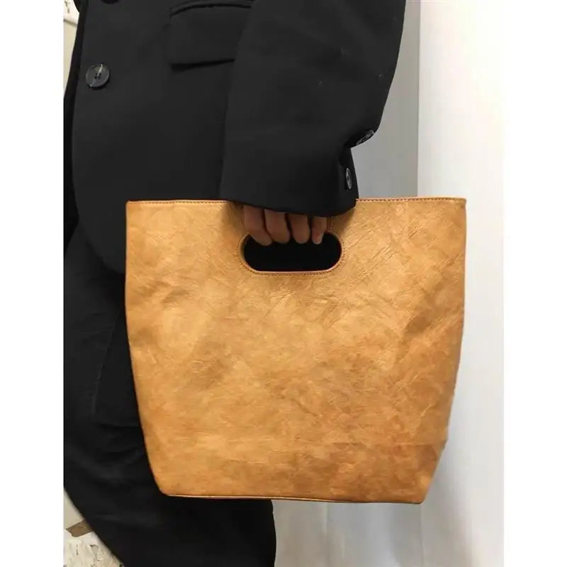 Retro Commuter Large Capacity Women's Tote Bag Kraft Paper Handbag Washable Simple Ins Style Casual Fashion Handbag