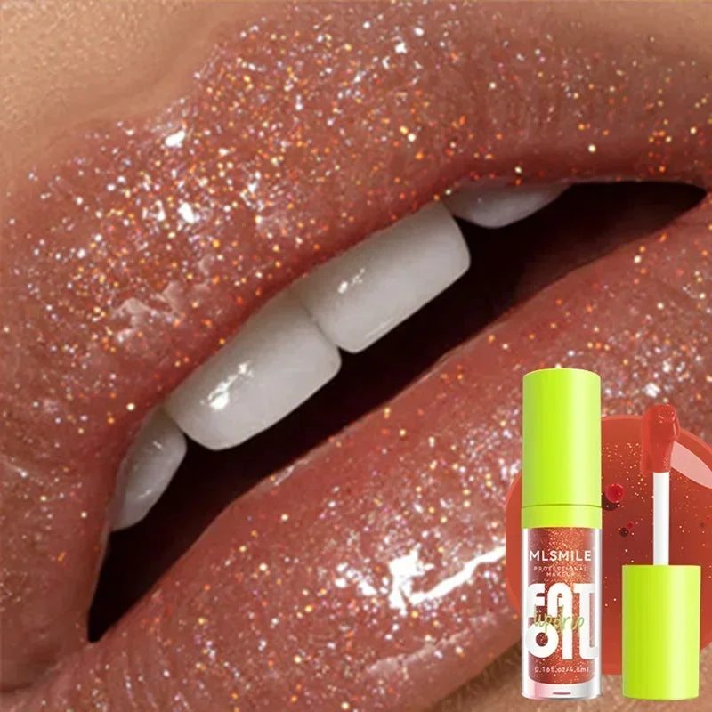 Close-up of glossy lips with gold shimmer lip gloss and matching lip oil product