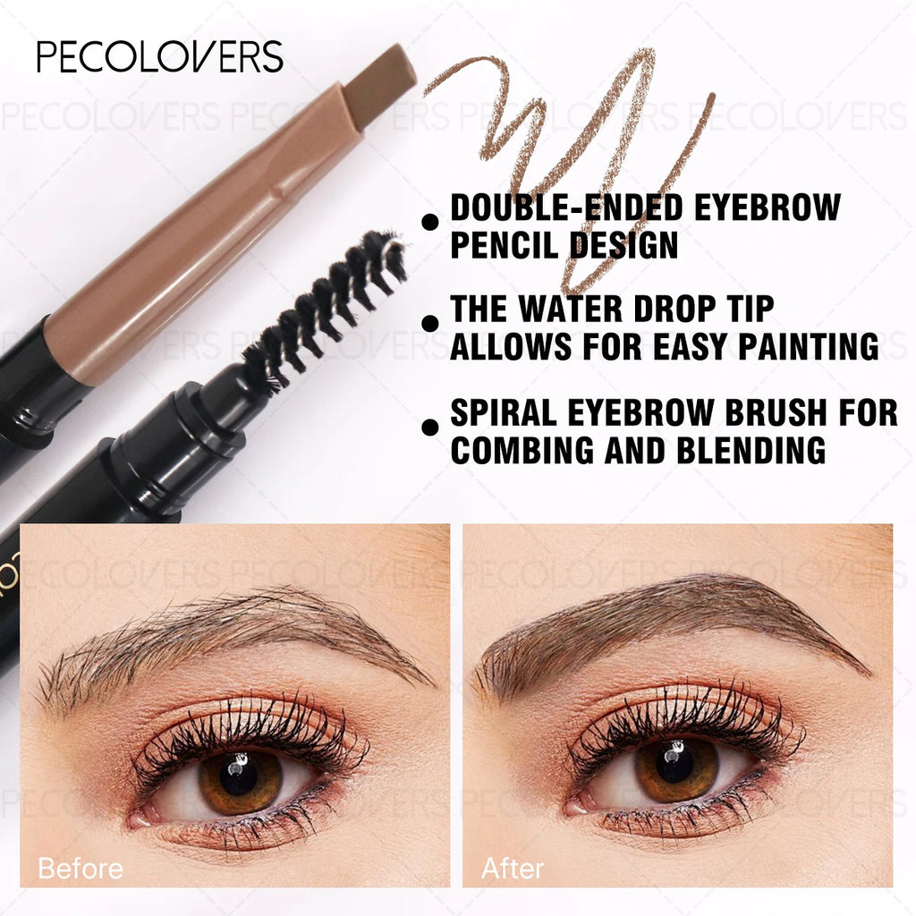 Double-ended eyebrow pencil with brush, before and after eyebrow makeup results