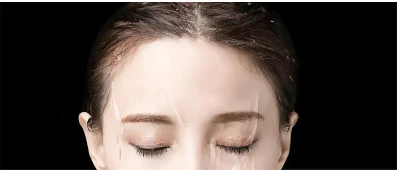 Woman with eyes closed wearing hydrating face sheet mask on glowing skin