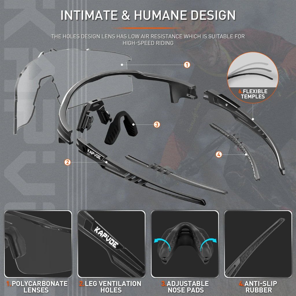 Exploded view of sport sunglasses with polycarbonate lens, ventilation holes, adjustable nose pads, anti-slip rubber, and flexible temples, ideal for high-speed cycling.