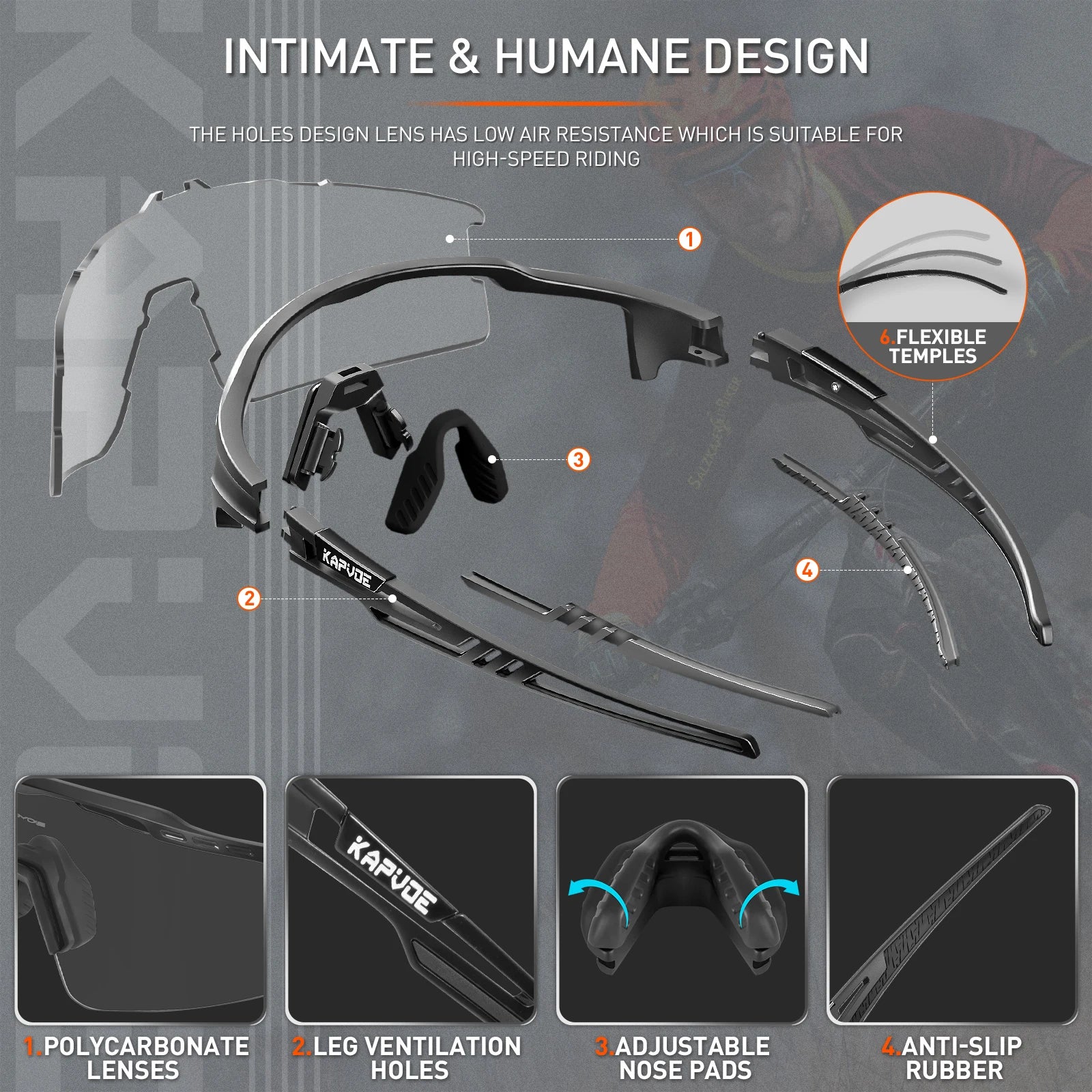 Exploded view of sport sunglasses with polycarbonate lens, ventilation holes, adjustable nose pads, anti-slip rubber, and flexible temples, ideal for high-speed cycling.