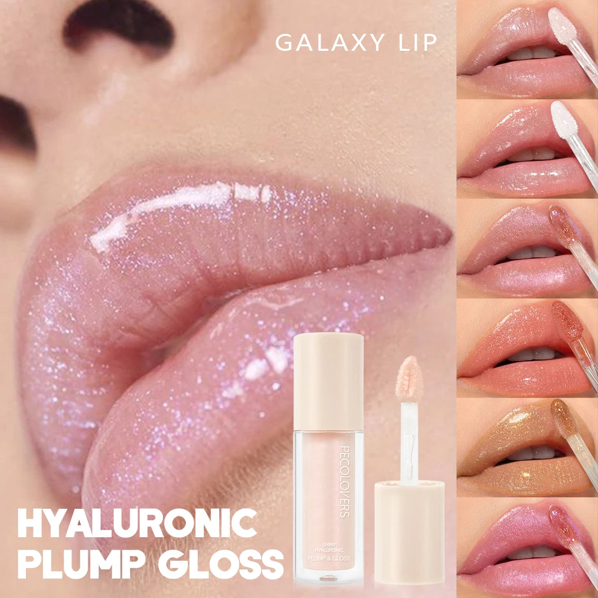 Shiny hyaluronic plump lip gloss applied on lips, multiple gloss shades, close-up results
