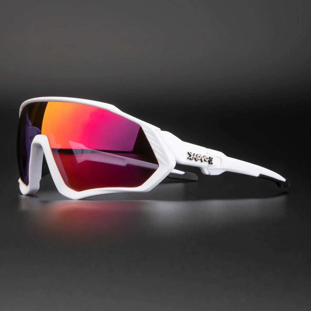 White sporty sunglasses with angular frame and red mirrored lenses on black background