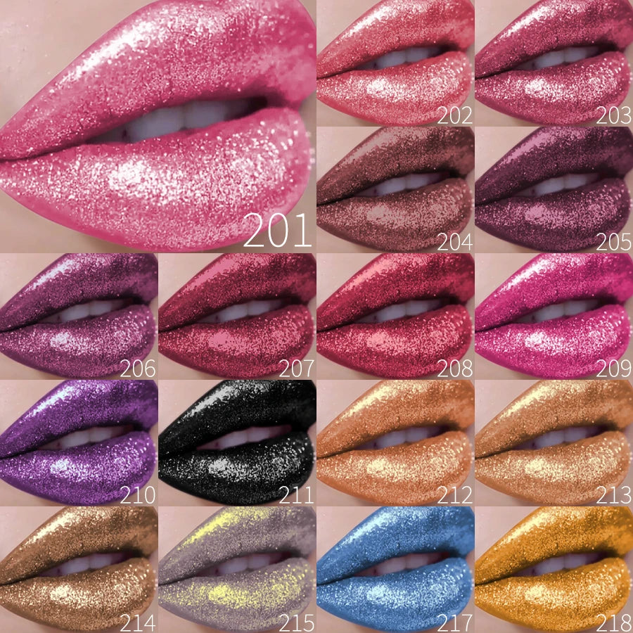 Assorted glitter lipstick shades on lips, including pink, purple, gold, black, and blue colors