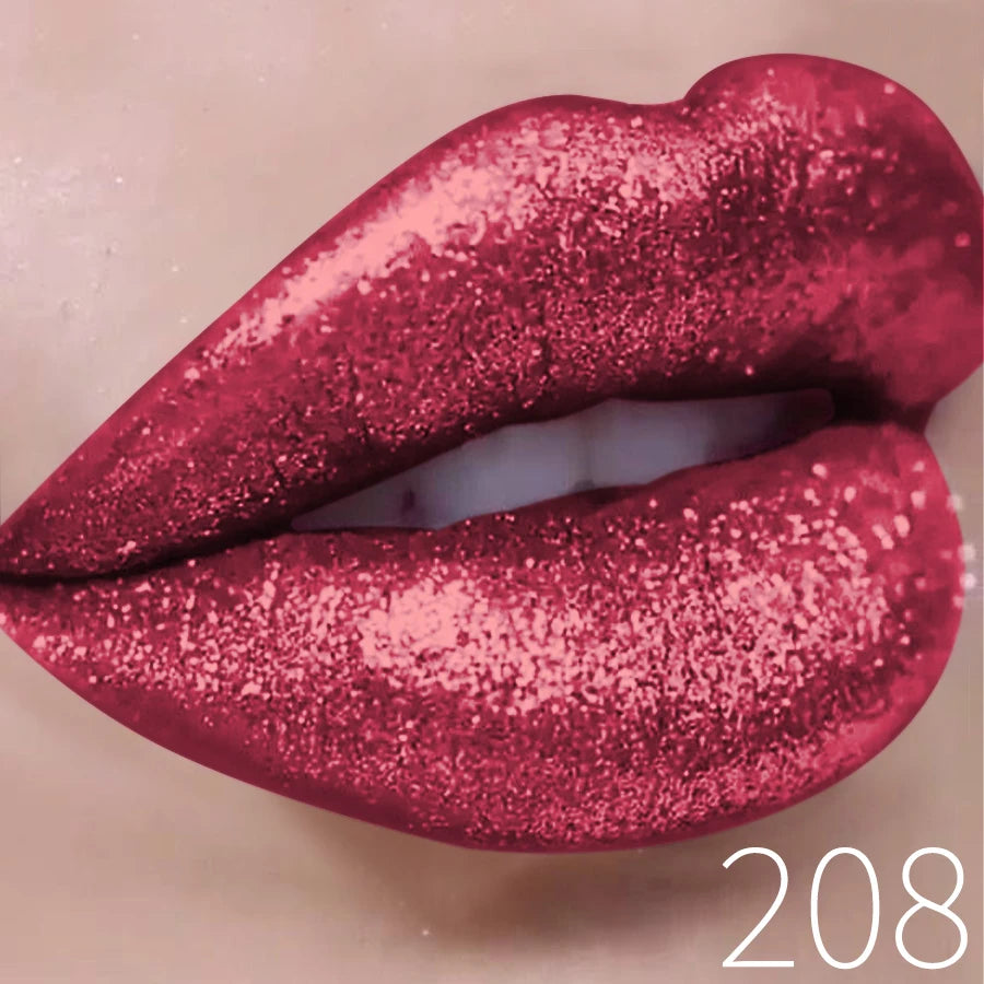 Close-up of lips with vibrant glittery pink lipstick, shade number 208
