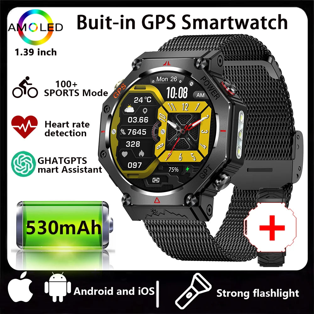 New ChatGPT AI assistant smartwatch with 5ATM water resistance, GPS, built-in dual-frequency GNSS and compass. For men and women