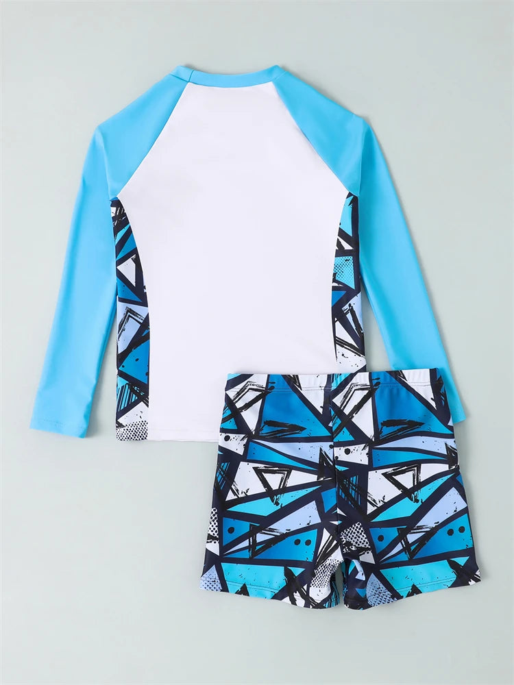 Boy Swimsuit 2026 New Solid And Print Long Sleeve Children Swimwear Summer Kids Beach Wear Shorts Swimming Bathing Suit For Men