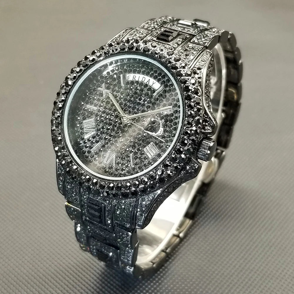 TikTok Hot Diamond Wristwatch For Men Luxury 18K Gold Plated Quartz Watches Day Date Nightclub Party Watch Unisex Rapper Jewelry