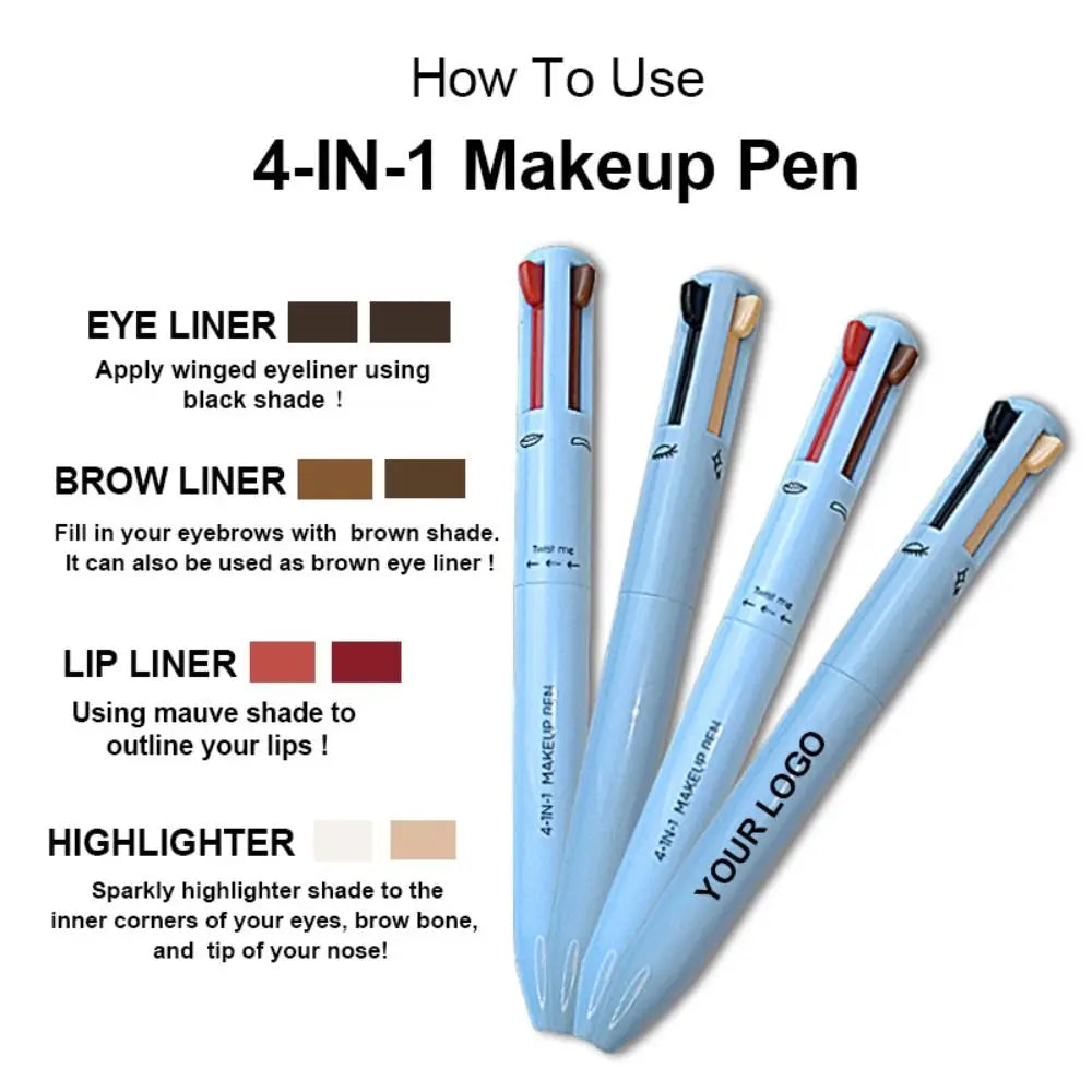 4-in-1 makeup pen with features for eyeliner, brow liner, lip liner, and highlighter, shown in light blue pens.