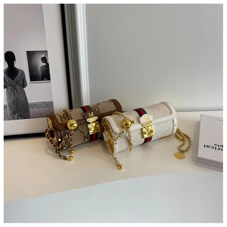 Fashionable Retro Summer Women's Chain Crossbody Bag Trendy Cylinder Bag Soft PU Leather Casual Style Small Size Korean Style