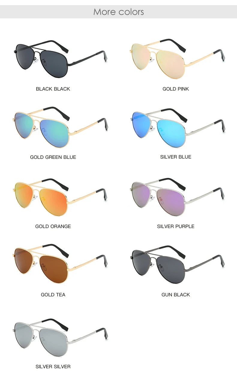 Aviator sunglasses in eight color options, including black, gold, silver, blue, pink, orange, and tea.