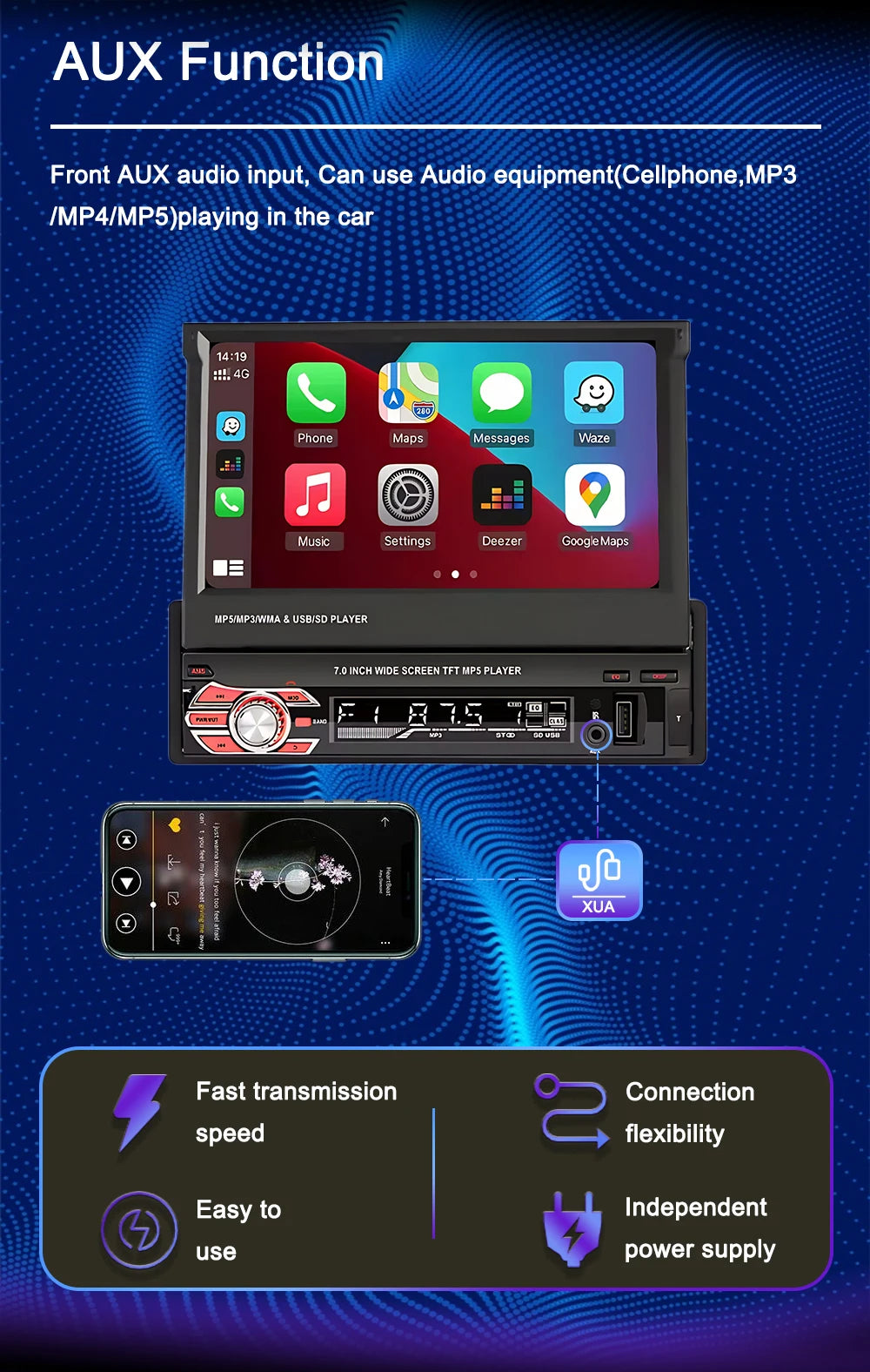 1 Din MP5 Player 7 Inch Carplay Android Auto Universal  Manual Automatic Retractable Touch Screen Car Player FM Radio