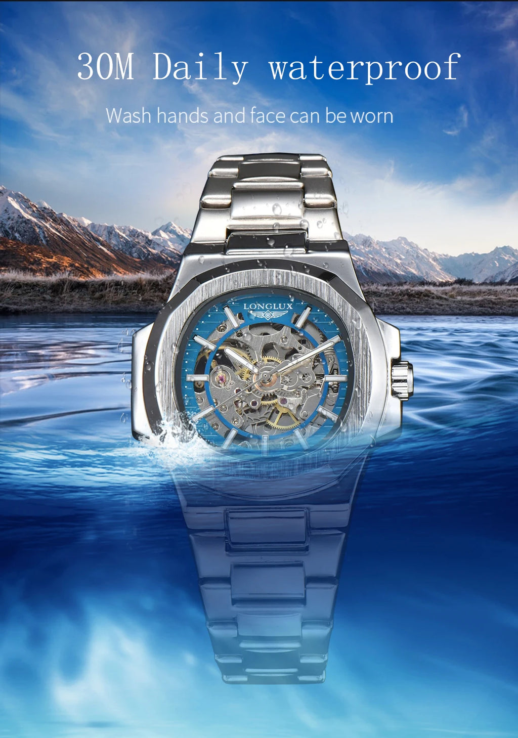 LONGLUX Men automatic mechanical watch luxury watches waterproof skeleton business cheap wholesale stainless steel gift watch